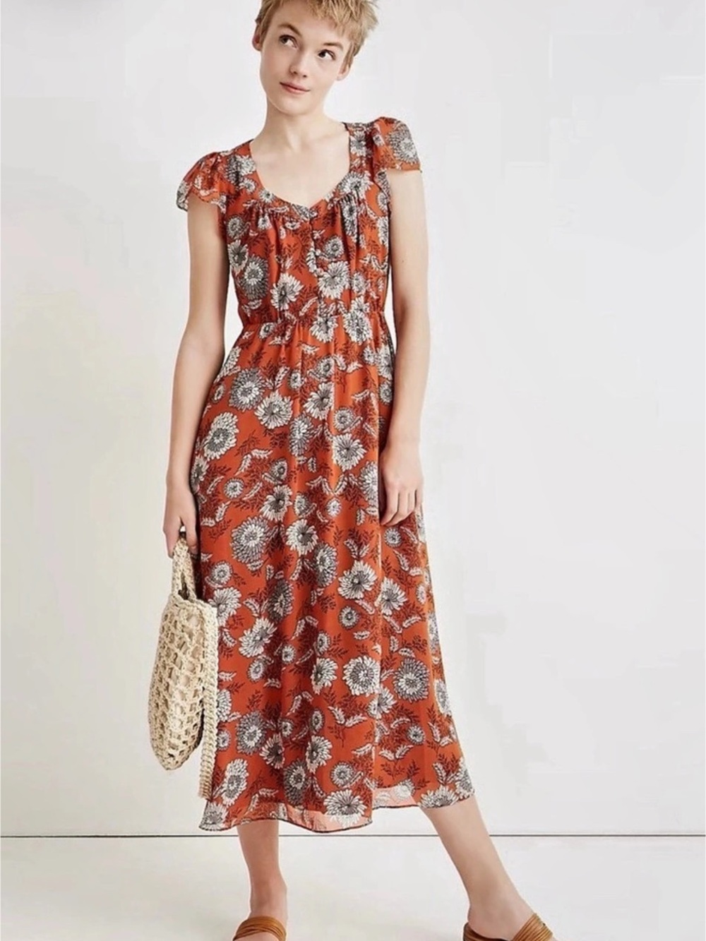 Madewell Floral Midi Dress in Orange & White Size 10 New without tags